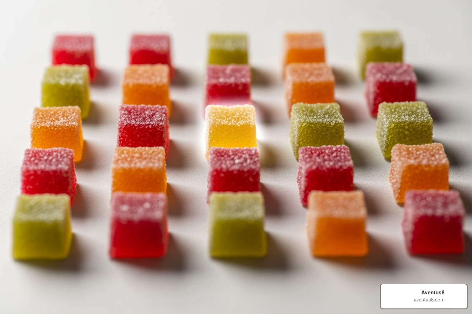 A gummy edible divided into small pieces, with one piece highlighted as a recommended starting dose - Edible cannabis treats
