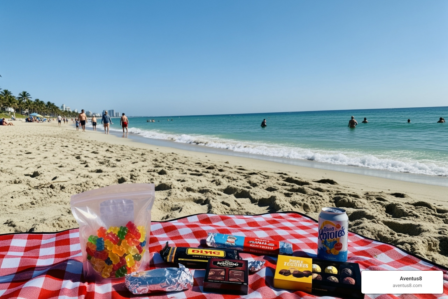 A scenic Hollywood, FL beach with a picnic blanket featuring Aventus8 edible packages, including gummies, chocolates, and a beverage - Edible cannabis treats