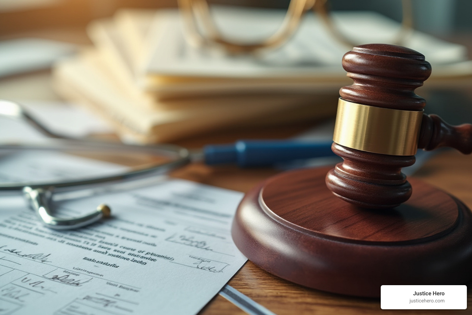 Gavel and medical documents symbolizing legal justice - hernia mesh side effects years later Gavel and medical documents symbolizing legal justice - hernia mesh side effects years later