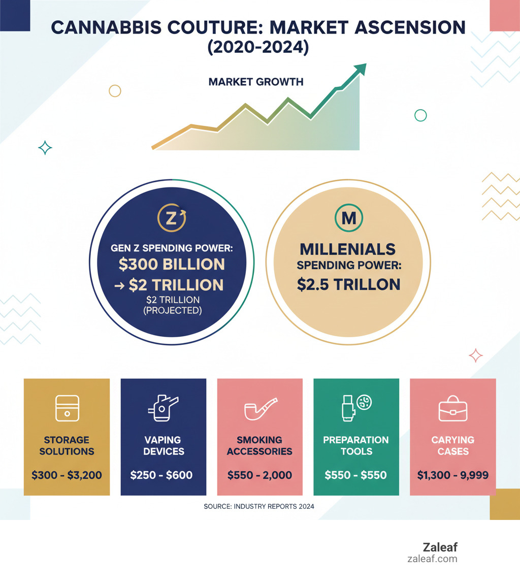 Infographic showing the growth of luxury cannabis accessories market from 2020 to 2024, featuring spending power statistics for Gen Z ($300B to $2T projected) and millennials ($2.5T), along with key product categories and their price ranges - luxury cannabis accessories infographic 