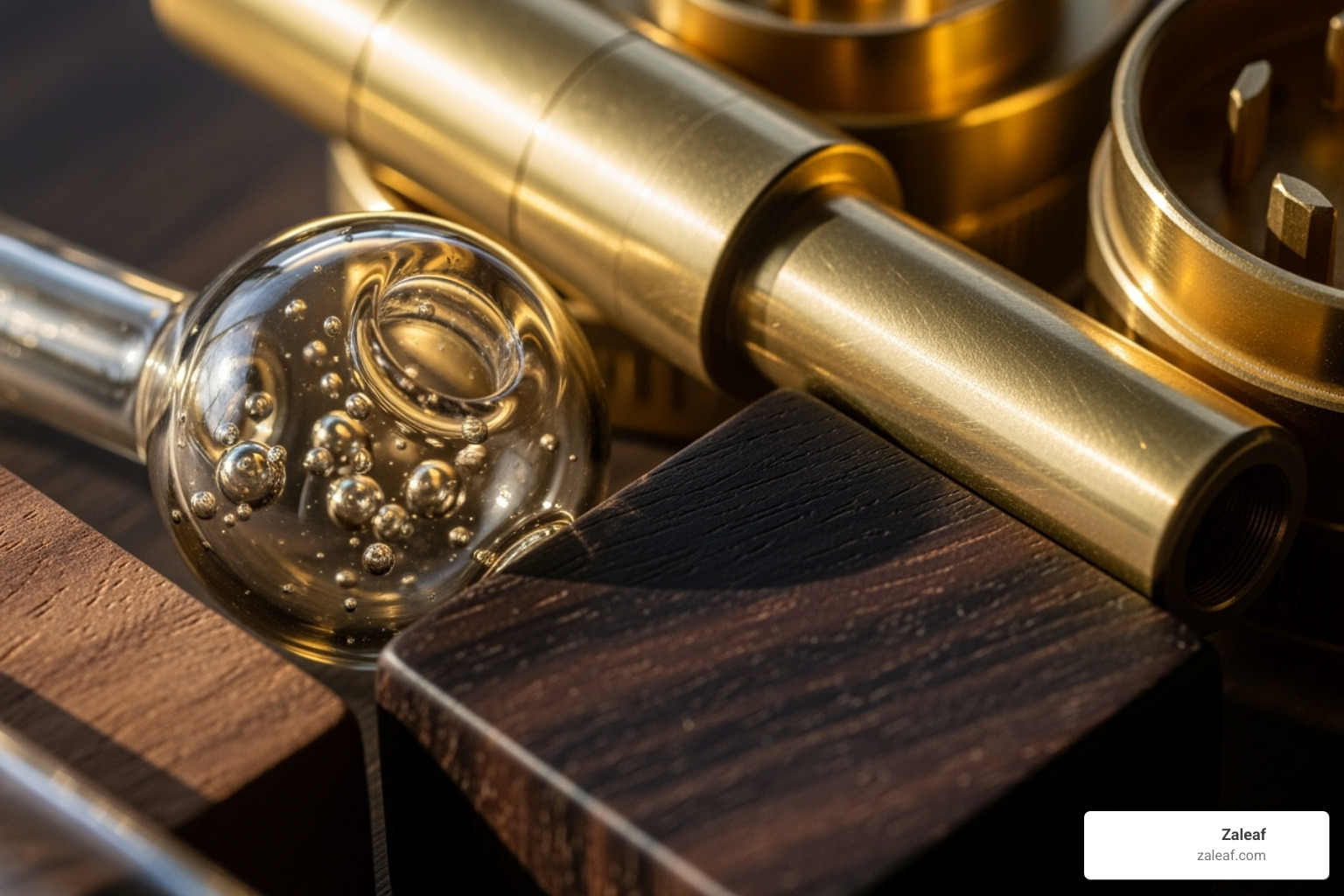 Close-up shot showing the texture of premium materials like hand-blown glass, polished brass, and rich wood featured in Zaleaf products - luxury cannabis accessories