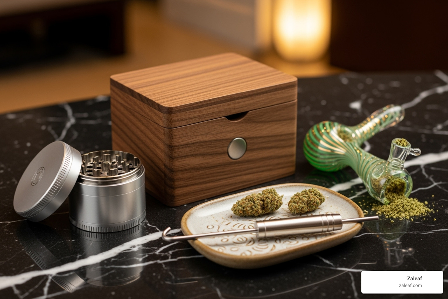 Artfully arranged collection of different types of Zaleaf luxury accessories, like a stash box, grinder, and pipe - luxury cannabis accessories