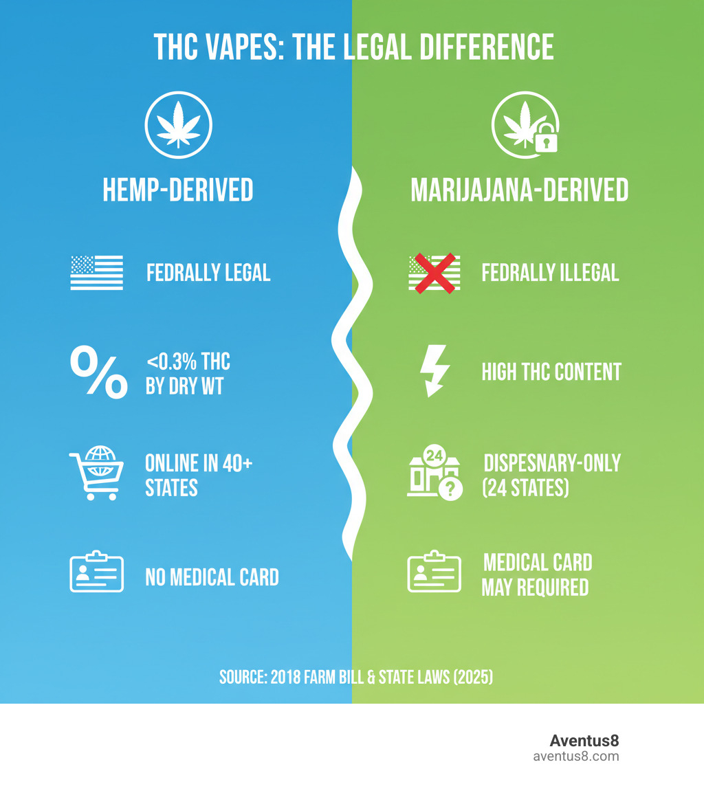 Infographic showing the difference between hemp-derived Delta-9 THC vapes (federally legal, <0.3% THC by dry weight, available online in 40+ states, no medical card required) versus marijuana-derived Delta-9 THC vapes (federally illegal, high THC content, dispensary-only in 24 recreational states, medical card may be required) - THC vape legal states infographic 