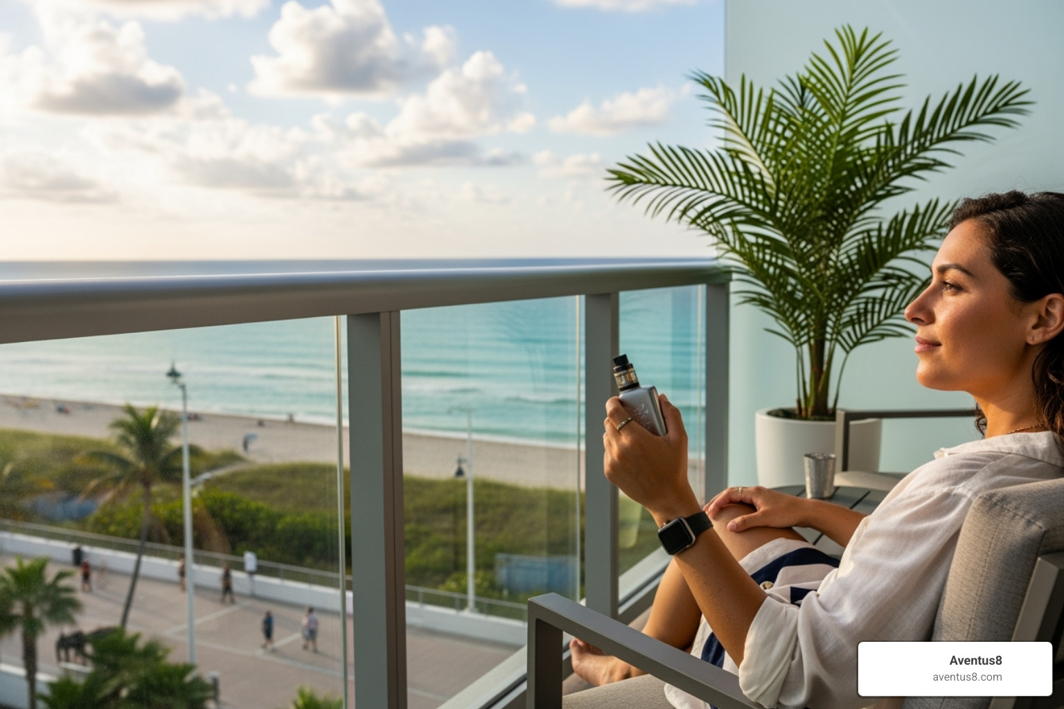 Person relaxing on a Hollywood, FL balcony, enjoying a vape responsibly - THC vape legal states