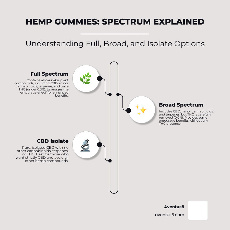 Infographic showing the differences between Full Spectrum, Broad Spectrum, and CBD Isolate hemp gummies, including THC content, entourage effects, and legal considerations for online purchases in Florida - Hemp gummies online infographic infographic-line-3-steps-neat_beige