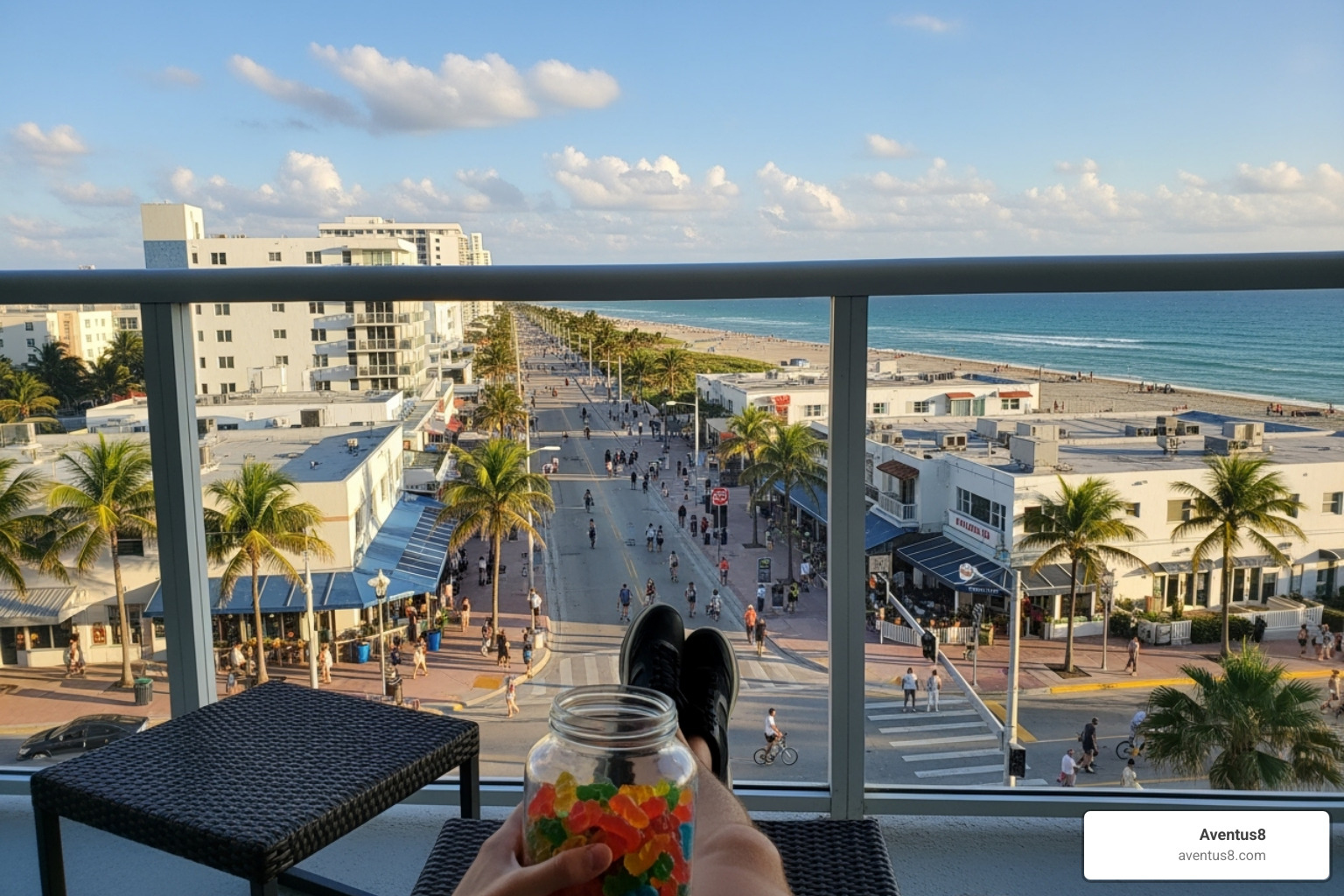 person relaxing on a balcony overlooking the Hollywood Beach Broadwalk with a jar of gummies - Hemp gummies online