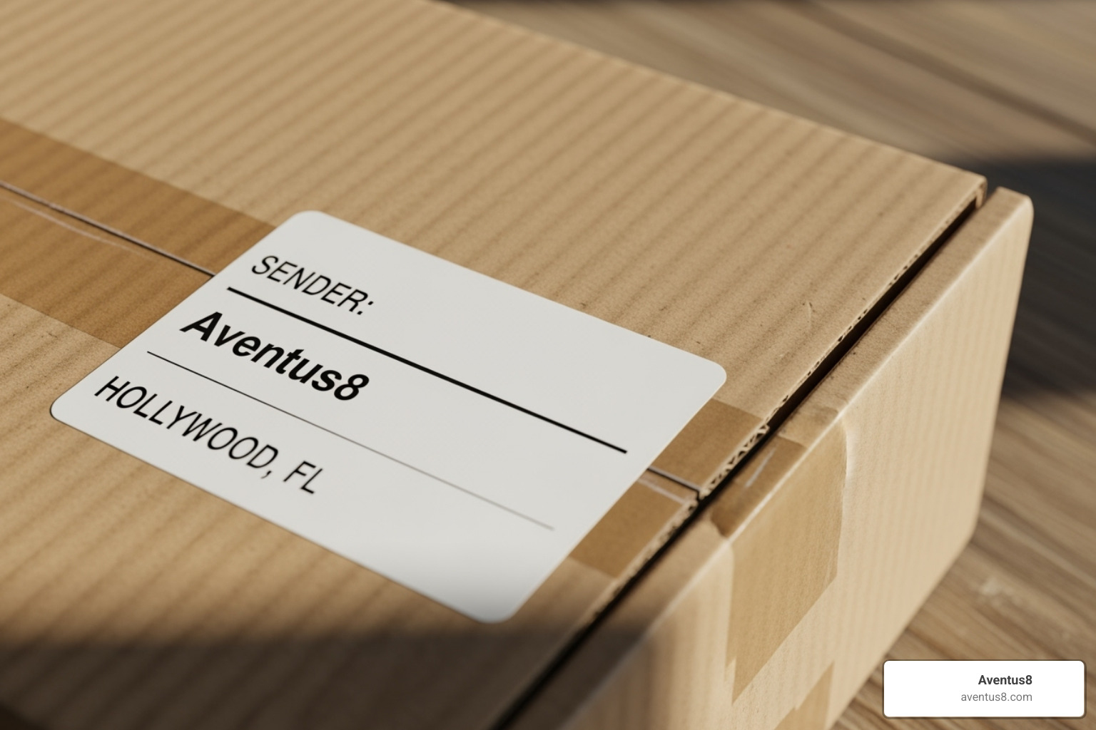 Aventus8 shipping box with Hollywood, FL visible on the label - Hemp gummies online