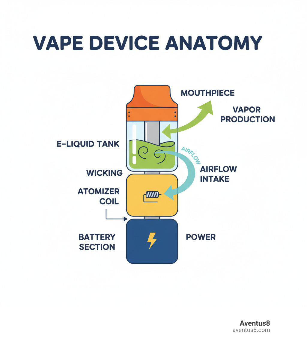 Infographic showing the basic components of a vape device including battery section, atomizer coil, tank for e-liquid storage, and mouthpiece, with arrows indicating airflow and vapor production process - vape shop infographic 