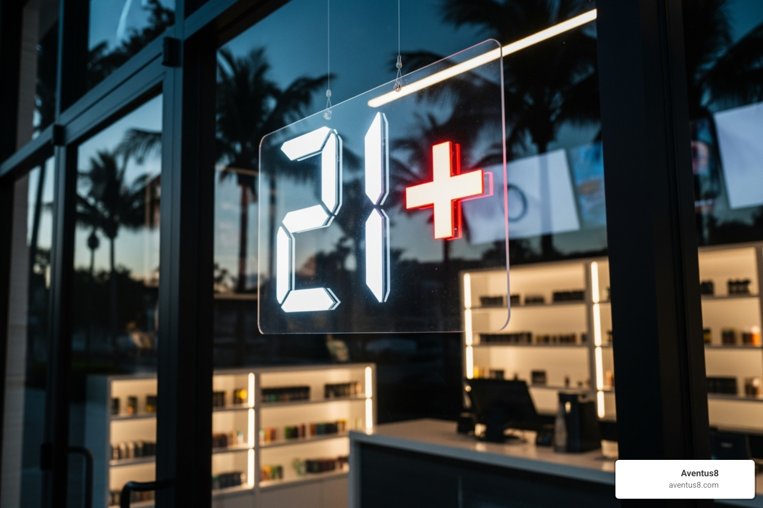 A "21+" sign prominently displayed on the door of a modern vape shop in Hollywood, FL - vape shop