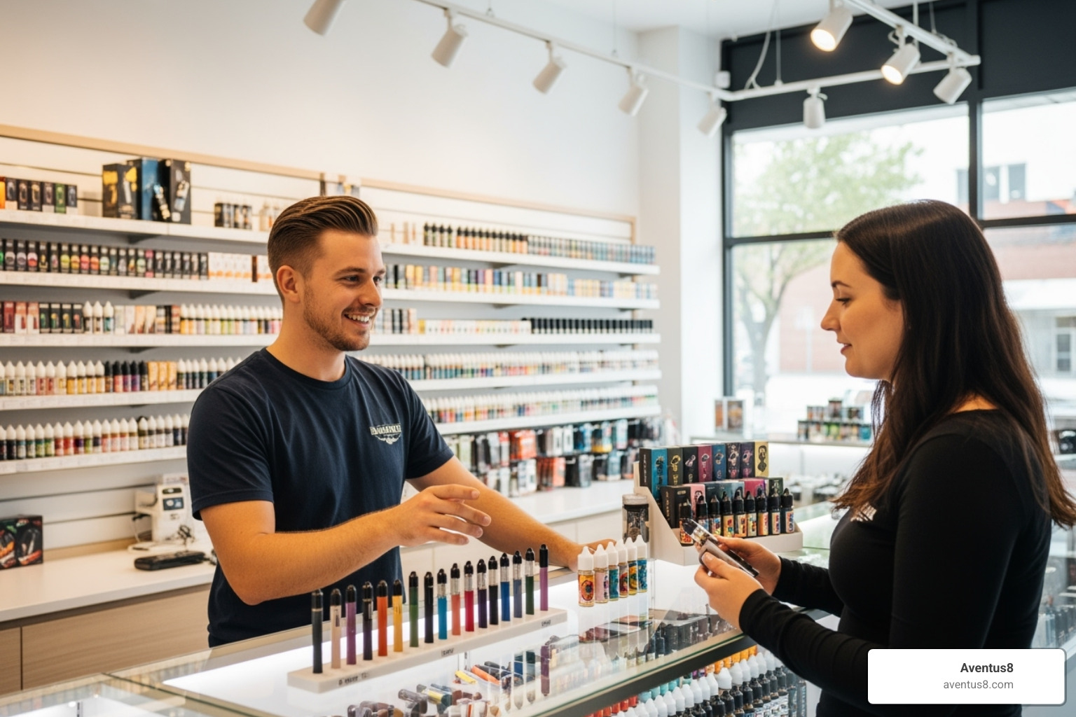 A friendly Aventus8 vape shop employee assisting a customer with a selection of vape products in a bright, modern store in Hollywood, FL - vape shop