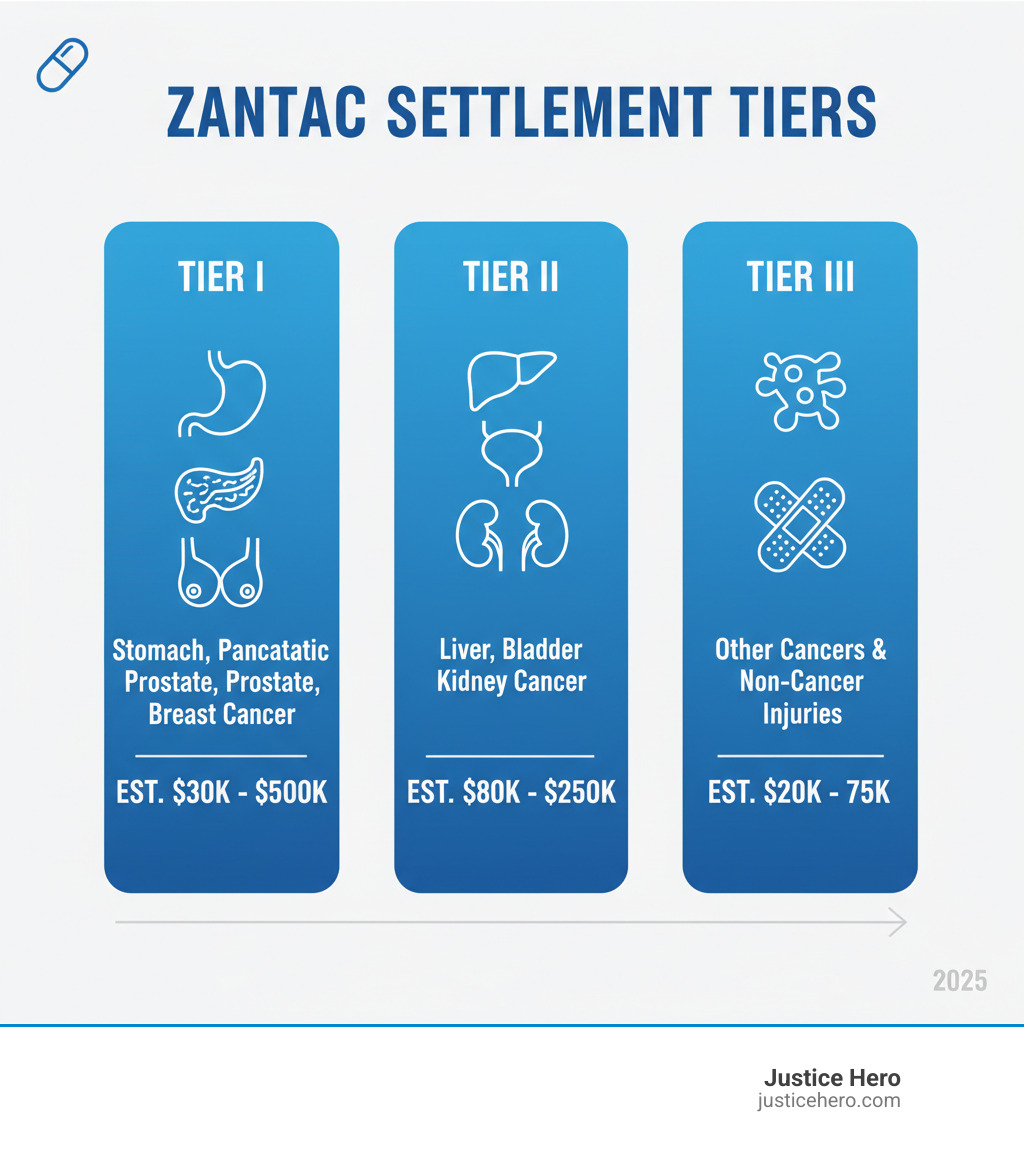 Infographic detailing the three Zantac settlement tiers, listing associated cancer types, and estimated payout ranges for each tier. Tier I: Stomach, Pancreatic, Prostate, Breast Cancer ($300k-$500k). Tier II: Liver, Bladder, Kidney Cancer ($80k-$250k). Tier III: Other Cancers & Non-Cancer Injuries ($20k-$75k). - what are the tiers of zantac settlement infographic Infographic detailing the three Zantac settlement tiers, listing associated cancer types, and estimated payout ranges for each tier. Tier I: Stomach, Pancreatic, Prostate, Breast Cancer ($300k-$500k). Tier II: Liver, Bladder, Kidney Cancer ($80k-$250k). Tier III: Other Cancers & Non-Cancer Injuries ($20k-$75k). - what are the tiers of zantac settlement infographic