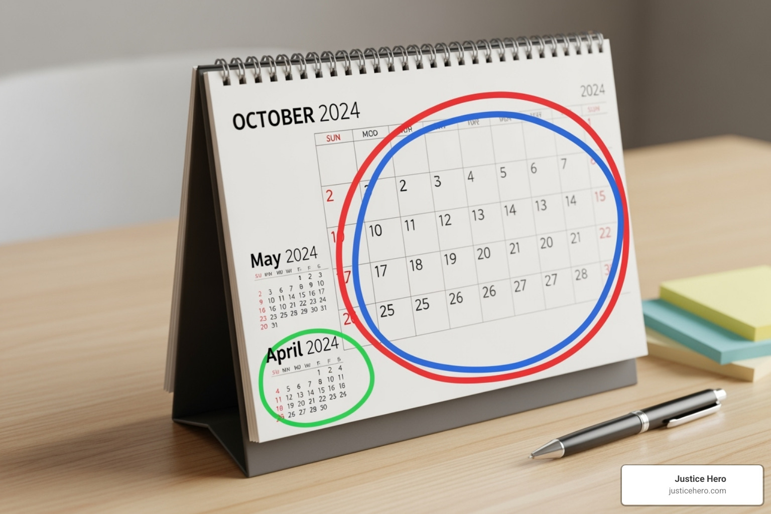 Calendar highlighting October 2024, May 2024, and April 2024 - Zantac settlement date Calendar highlighting October 2024, May 2024, and April 2024 - Zantac settlement date