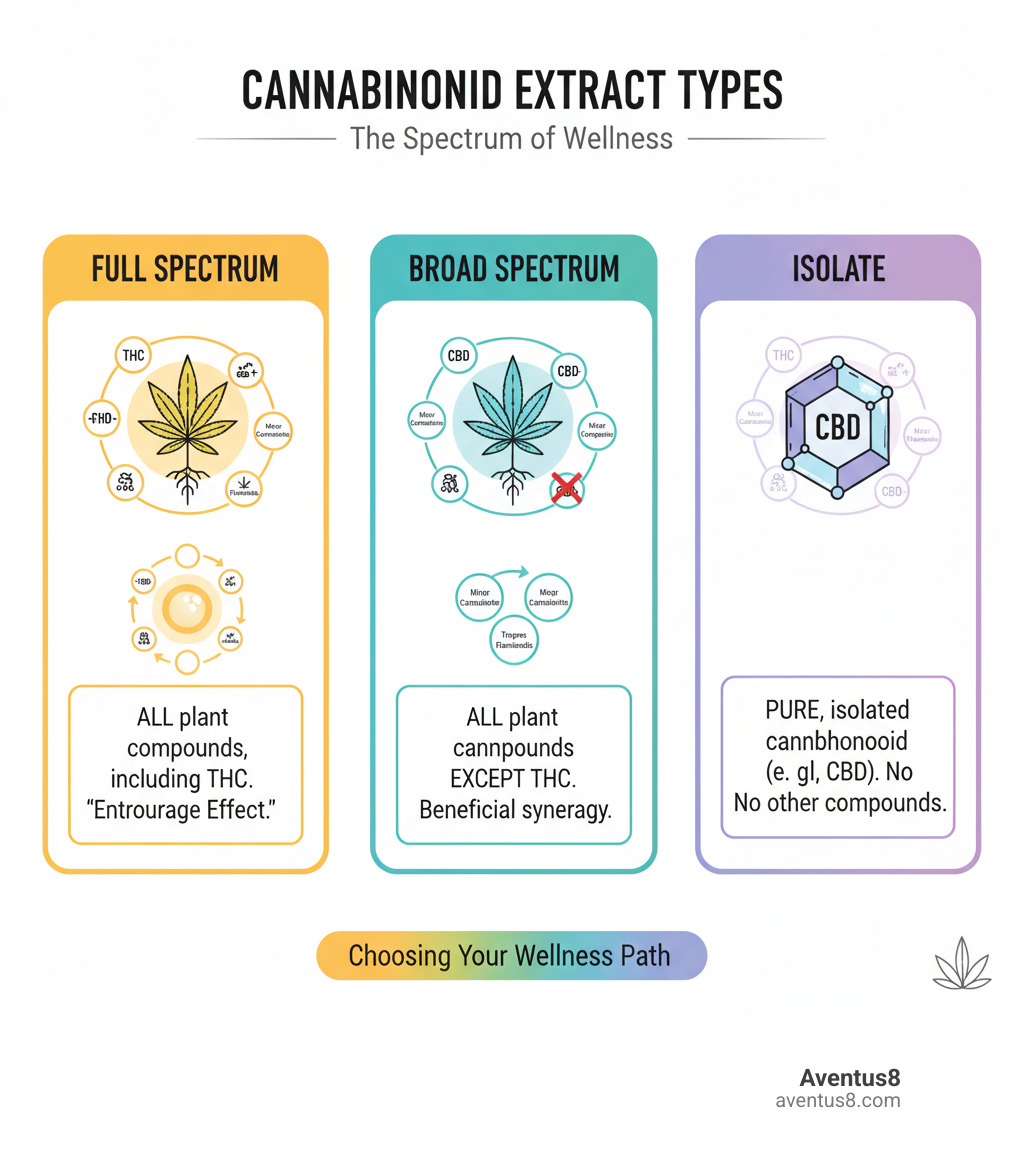 Infographic explaining the difference between Full Spectrum, Broad Spectrum, and Isolate. - Full spectrum THC capsules infographic 