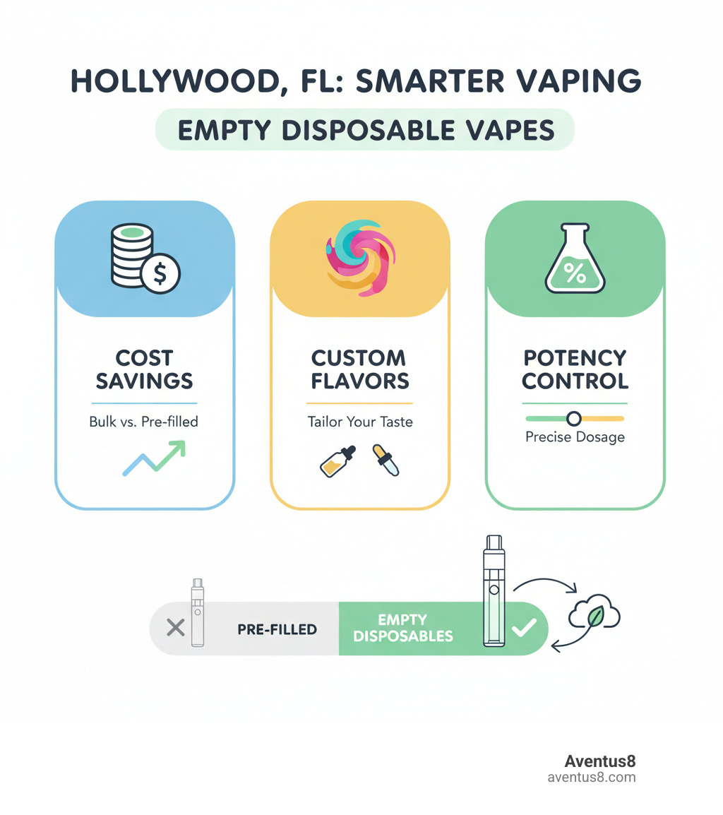 Infographic showing the benefits of empty disposable THC vapes for Hollywood, FL consumers, including cost savings, custom flavor profiles, and precise potency control, compared to pre-filled options. - empty disposable thc vapes infographic 