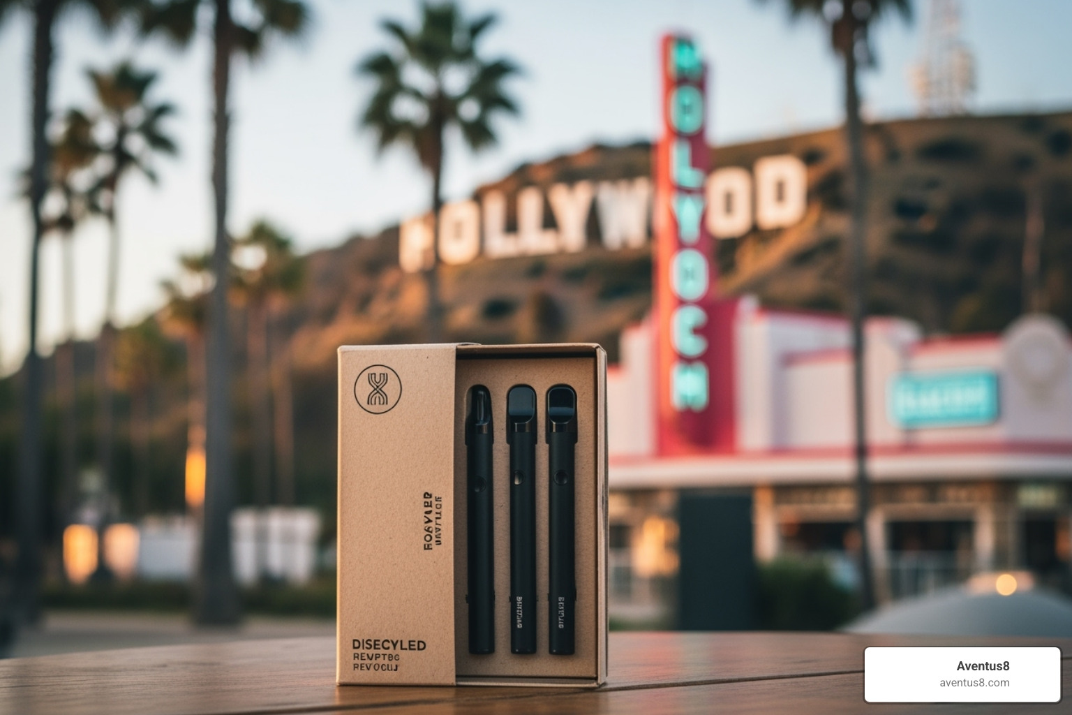 A discreet package of empty disposable vapes on a table, with a blurred background featuring the iconic Hollywood Beach sign and palm trees, emphasizing local availability and discretion. - empty disposable thc vapes