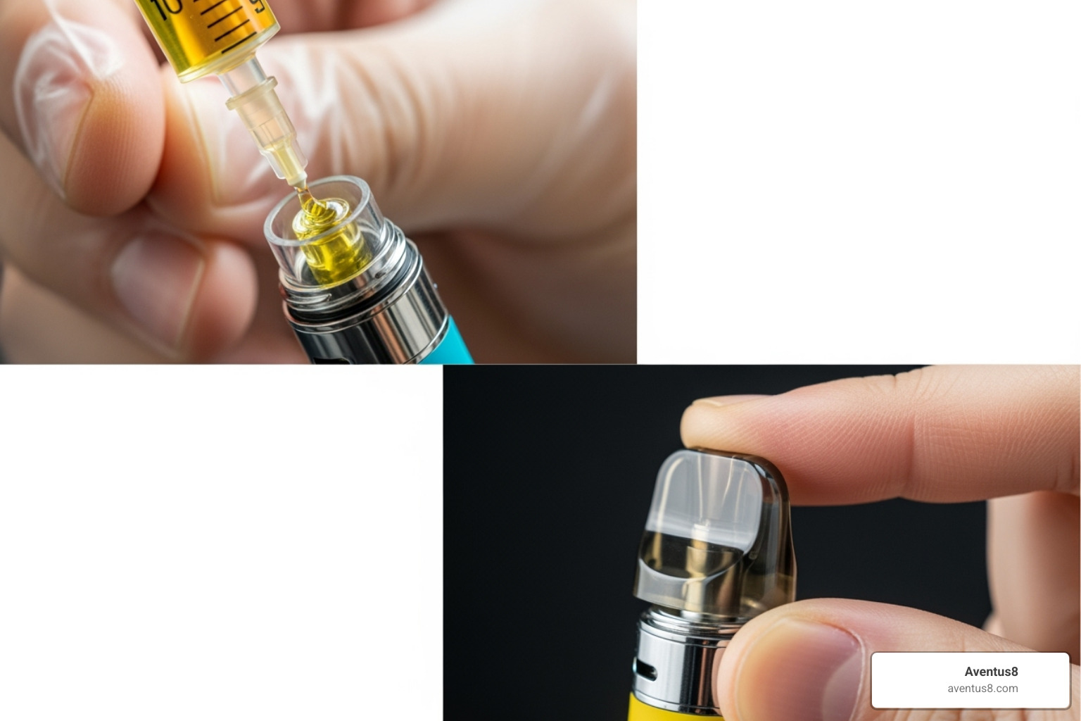 A visual sequence of filling an empty disposable vape pen, showing a hand carefully injecting oil into the reservoir with a syringe, then capping the mouthpiece. - empty disposable thc vapes