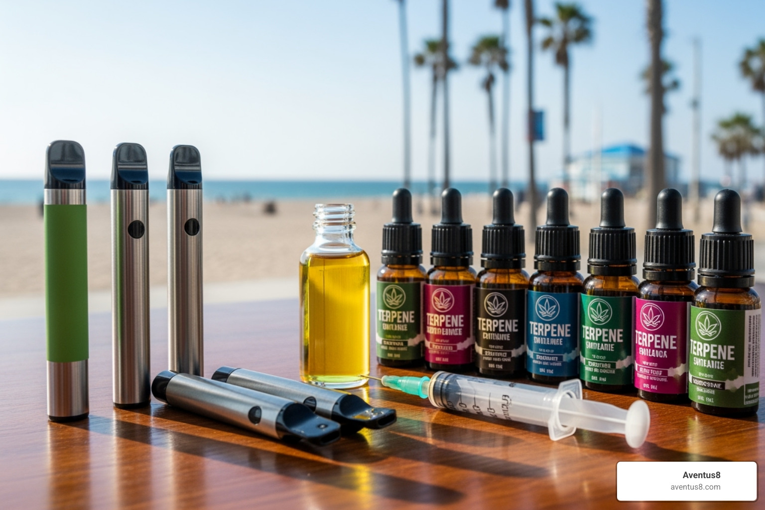 A collection of sleek empty disposable vapes, a food-grade syringe, a bottle of cannabis distillate oil, and a selection of terpene bottles, all arranged on a table with the iconic Hollywood Beach Boardwalk in the background. - empty disposable thc vapes