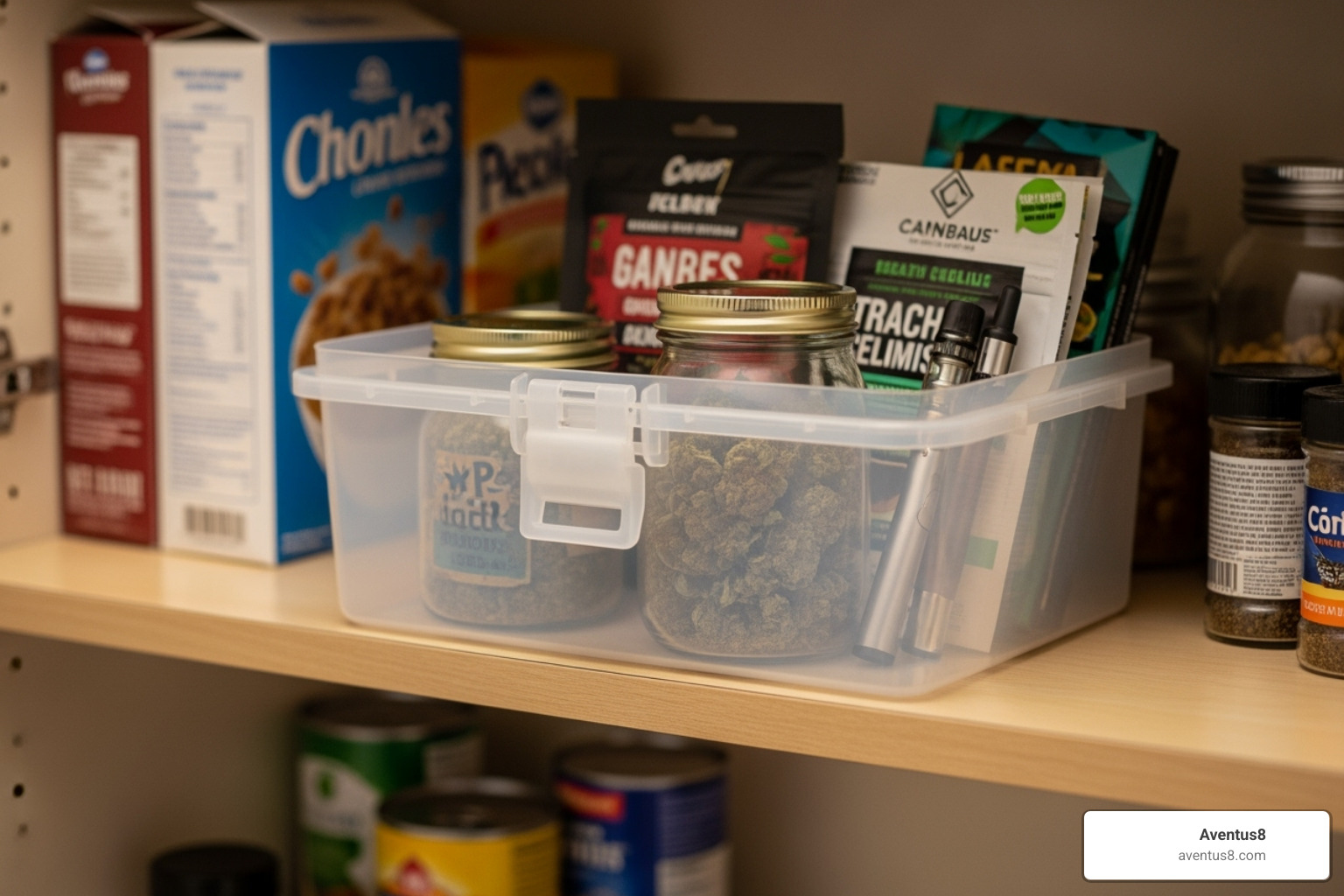 cannabis products stored securely in a high cabinet or lockbox - THC edibles for dogs