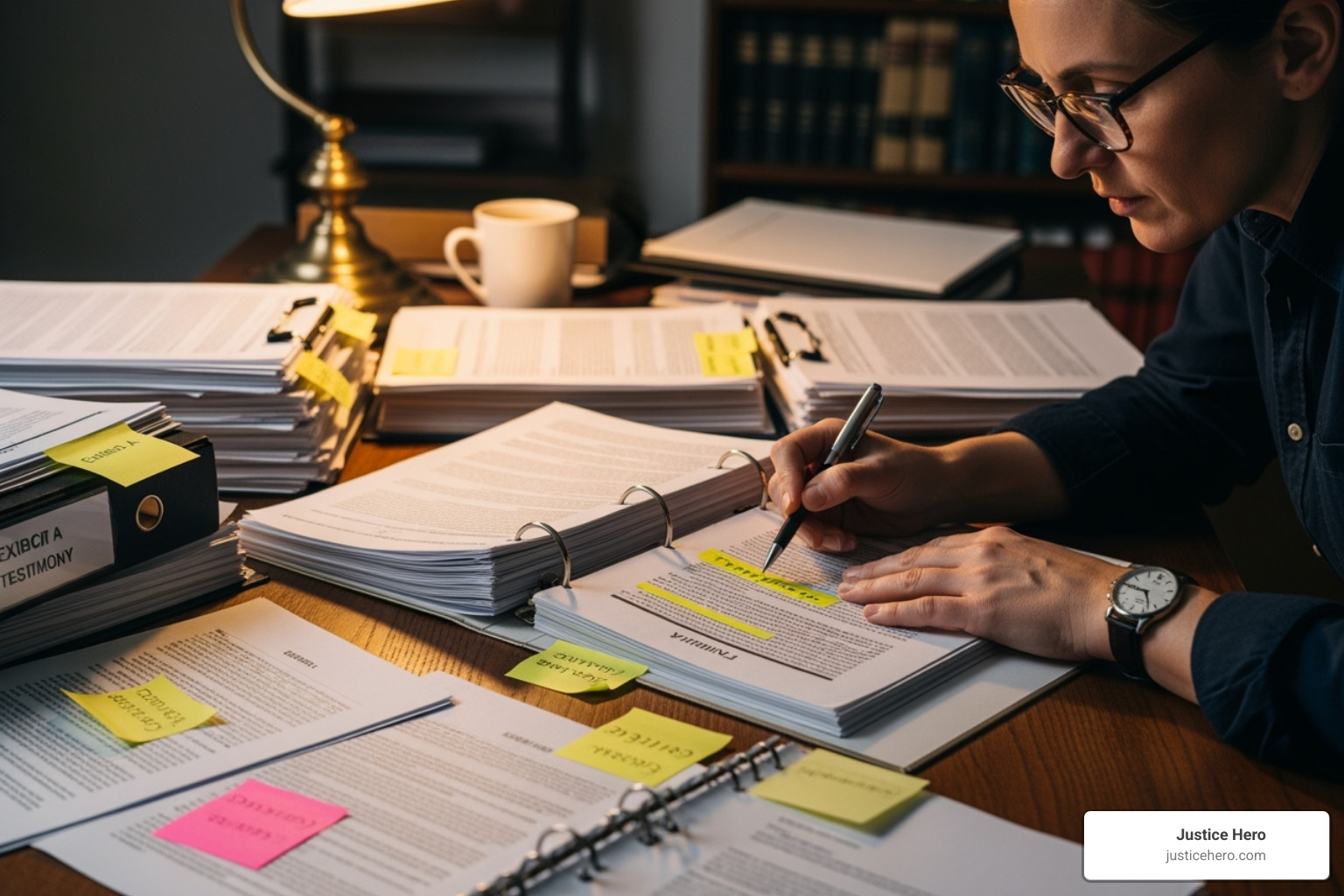 A person carefully reviewing legal documents spread across a table, highlighting the complexity of settlement paperwork. - earplug lawsuit compensation amounts