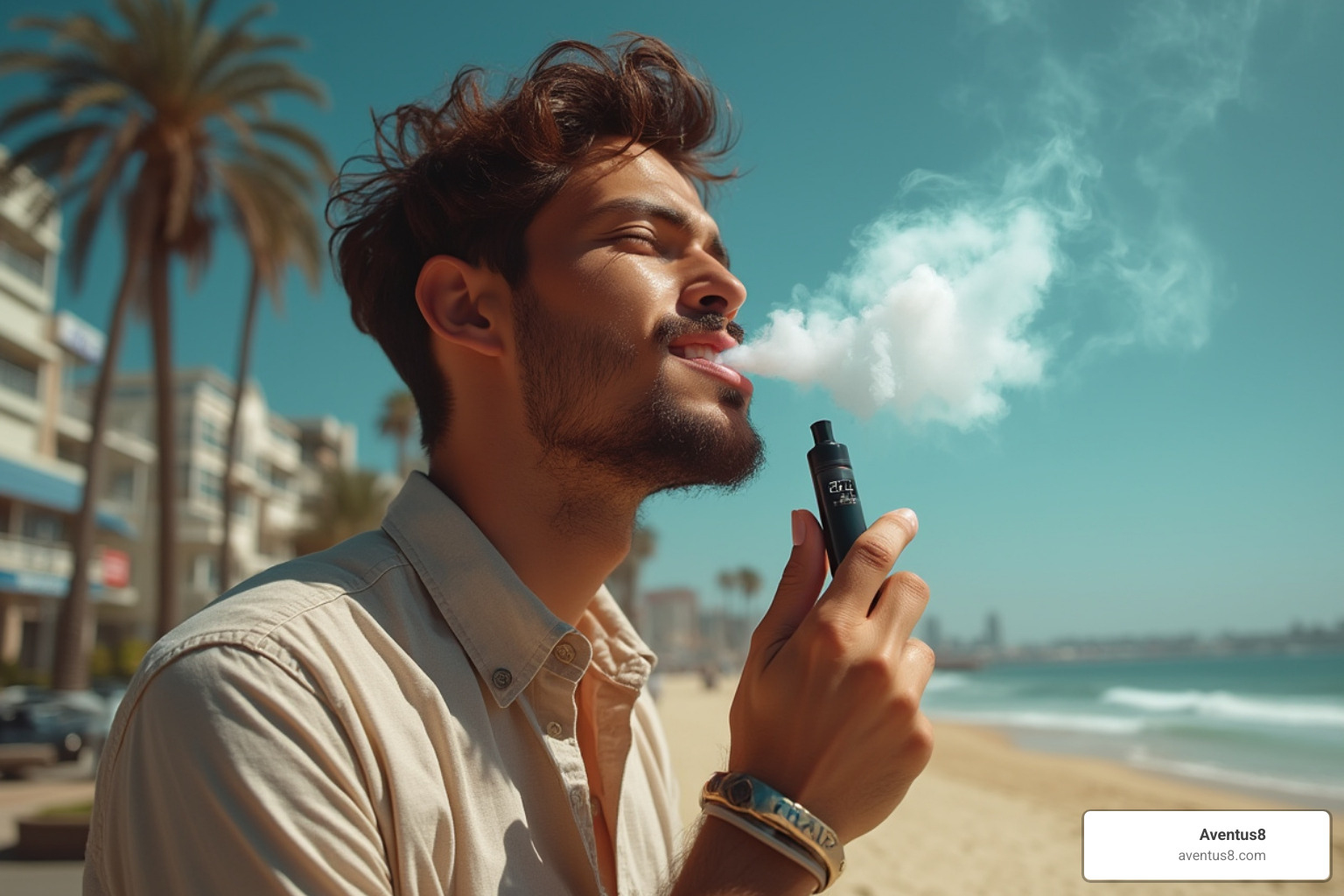 A person happily exhaling vapor from a sleek, perfectly functioning vape pen, with the vibrant backdrop of Hollywood Beach and its iconic palm trees. - empty disposable thc vapes