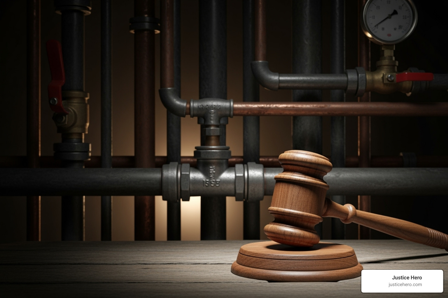 Gavel on a backdrop of industrial pipes - Toxic exposure lawyer Gavel on a backdrop of industrial pipes - Toxic exposure lawyer