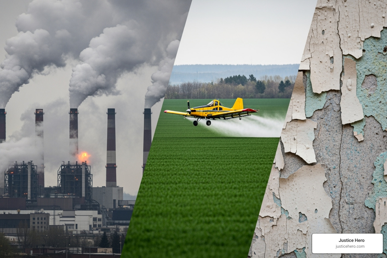 Collage of different exposure sources like a factory, farmland with pesticides, and old paint peeling - Toxic exposure lawyer Collage of different exposure sources like a factory, farmland with pesticides, and old paint peeling - Toxic exposure lawyer