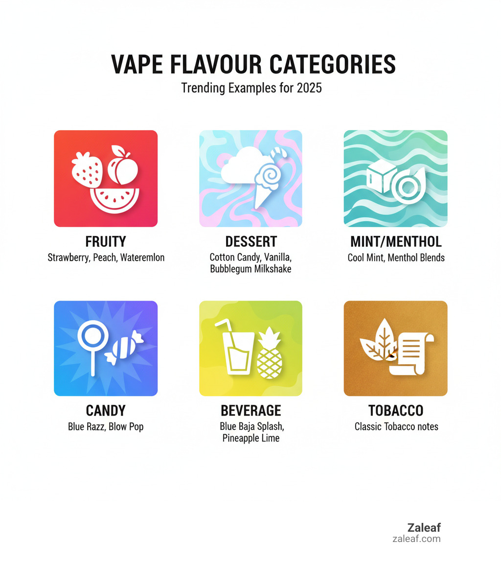 Infographic of popular vape flavour categories and trending examples, including Fruity (Strawberry, Peach, Watermelon), Dessert (Cotton Candy, Vanilla, Bubblegum Milkshake), Mint/Menthol (Cool Mint, Menthol Blends), Candy (Blue Razz, Lollipop Candy), Beverage (Tropical Soda, Pineapple Lime), and Tobacco (Classic Tobacco notes) - vape flavours infographic 