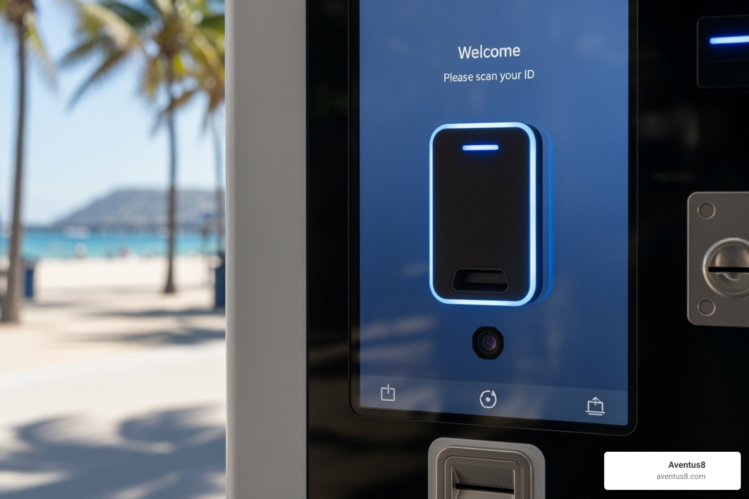 Close-up on an ID scanner and camera on a vending machine in a Hollywood, FL setting - marijuana vending machines