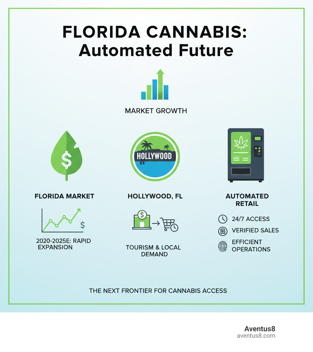 Infographic illustrating the growth of the Florida cannabis market, with a focus on Hollywood and the potential for automated retail. - marijuana vending machines infographic 