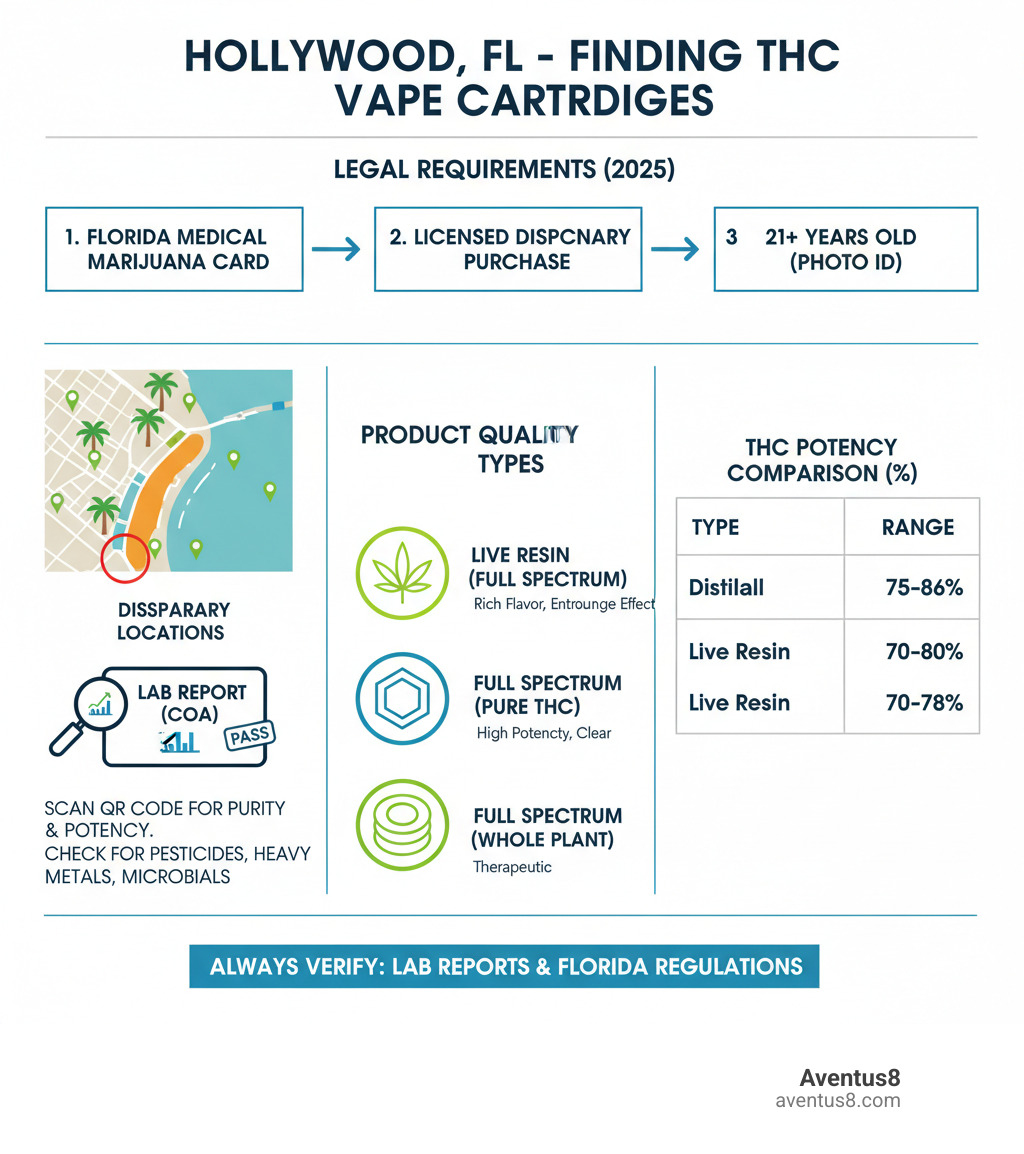 Detailed infographic showing the complete process of finding THC vape cartridges locally in Hollywood FL, including a map of dispensary locations, legal requirements flowchart, product quality verification steps with lab report examples, different cartridge types (distillate vs live resin vs full spectrum), and a comparison table of THC potencies ranging from 70-86% - THC vape cartridges near me infographic 
