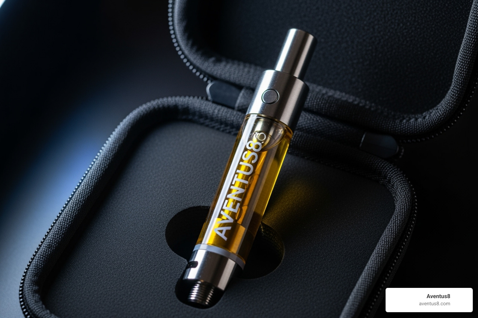 Aventus8 vape cartridge stored upright in a cool, dark case - THC vape cartridges near me
