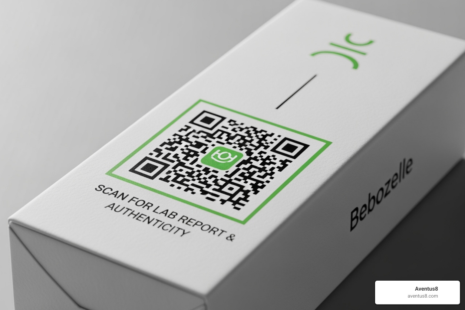 Aventus8 vape packaging with QR code leading to a lab report - THC vape cartridges near me