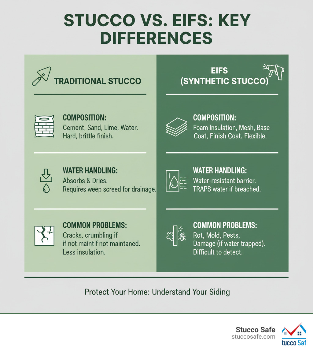 Infographic detailing the key differences between traditional stucco and EIFS (synthetic stucco), highlighting composition, water handling, and common problems - dryvit siding problems infographic 