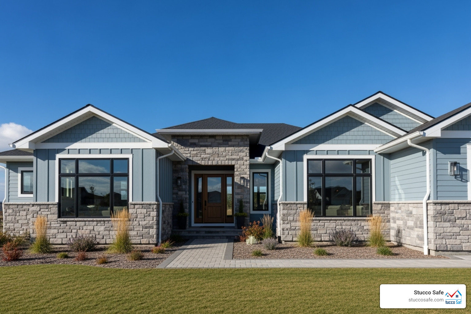 Image of a home with a modern, properly installed siding alternative like stone veneer and fiber cement - dryvit siding problems