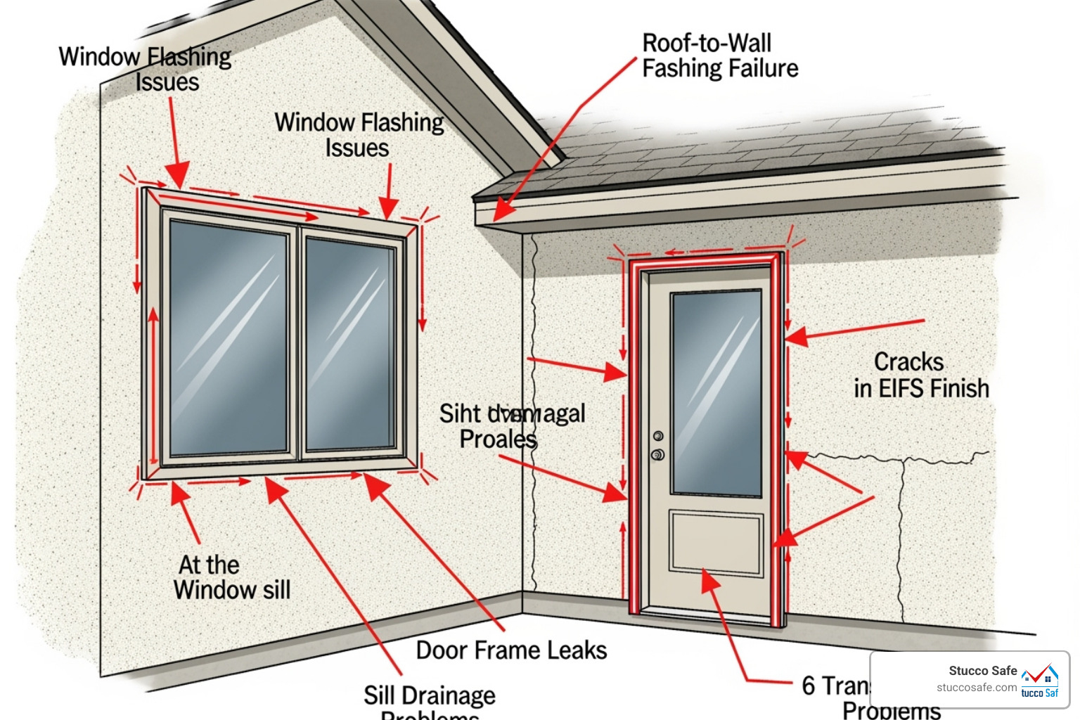 Diagram showing common water entry points on an EIFS home - dryvit siding problems