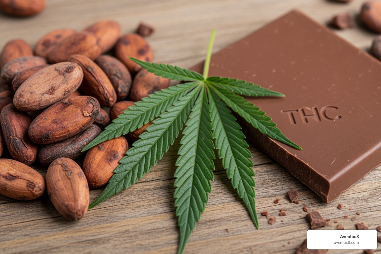 cocoa beans, a cannabis leaf, and a finished chocolate bar square - thc chocolate bars online