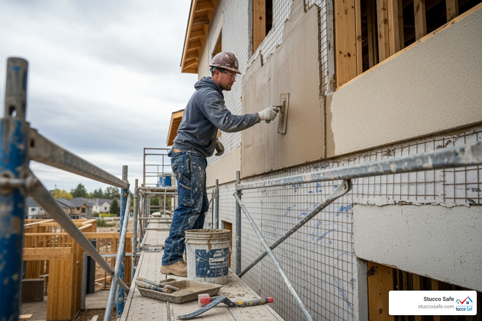 a contractor applying stucco on a cloudy, mild day - how long does stucco take to dry