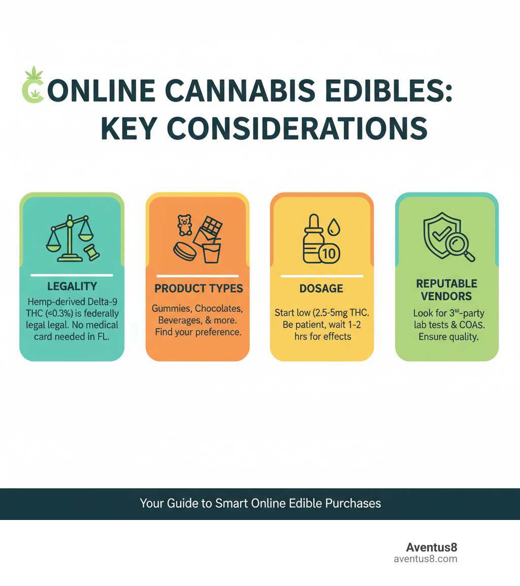 Infographic showing key considerations for buying cannabis edibles online, including legality, product types, dosage, and choosing reputable vendors - Cannabis edibles online infographic 