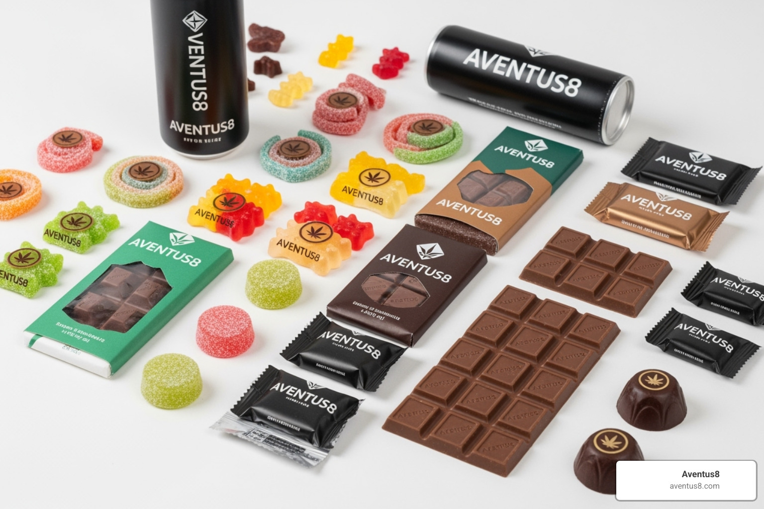 A colorful assortment of different Aventus8 cannabis edibles like gummies, chocolates, and a beverage - Cannabis edibles online