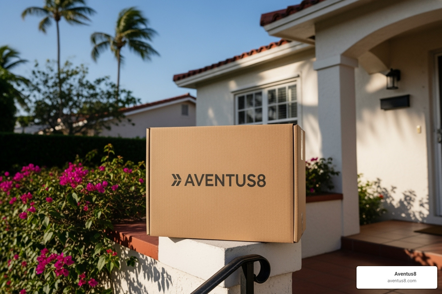 A discreet Aventus8 shipping box on a doorstep in a typical Hollywood, FL neighborhood - Cannabis edibles online