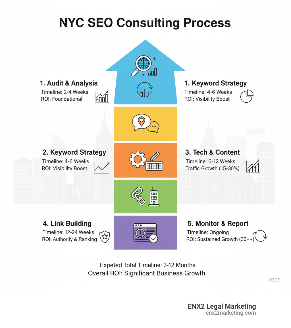 Infographic showing the step-by-step process of how NYC SEO consulting works: 1) Initial audit and competitor analysis, 2) Local keyword research and strategy development, 3) Technical optimization and content creation, 4) Link building and citation management, 5) Performance monitoring and reporting, with expected timelines and ROI metrics for each phase - nyc seo consultant infographic 