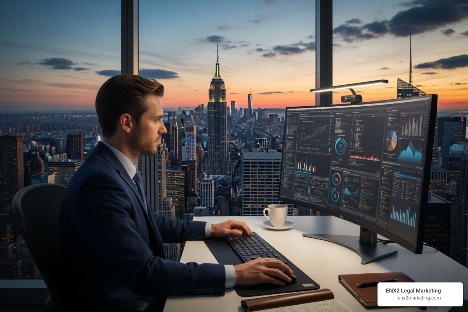 Consultant analyzing data with NYC skyline - nyc seo consultant