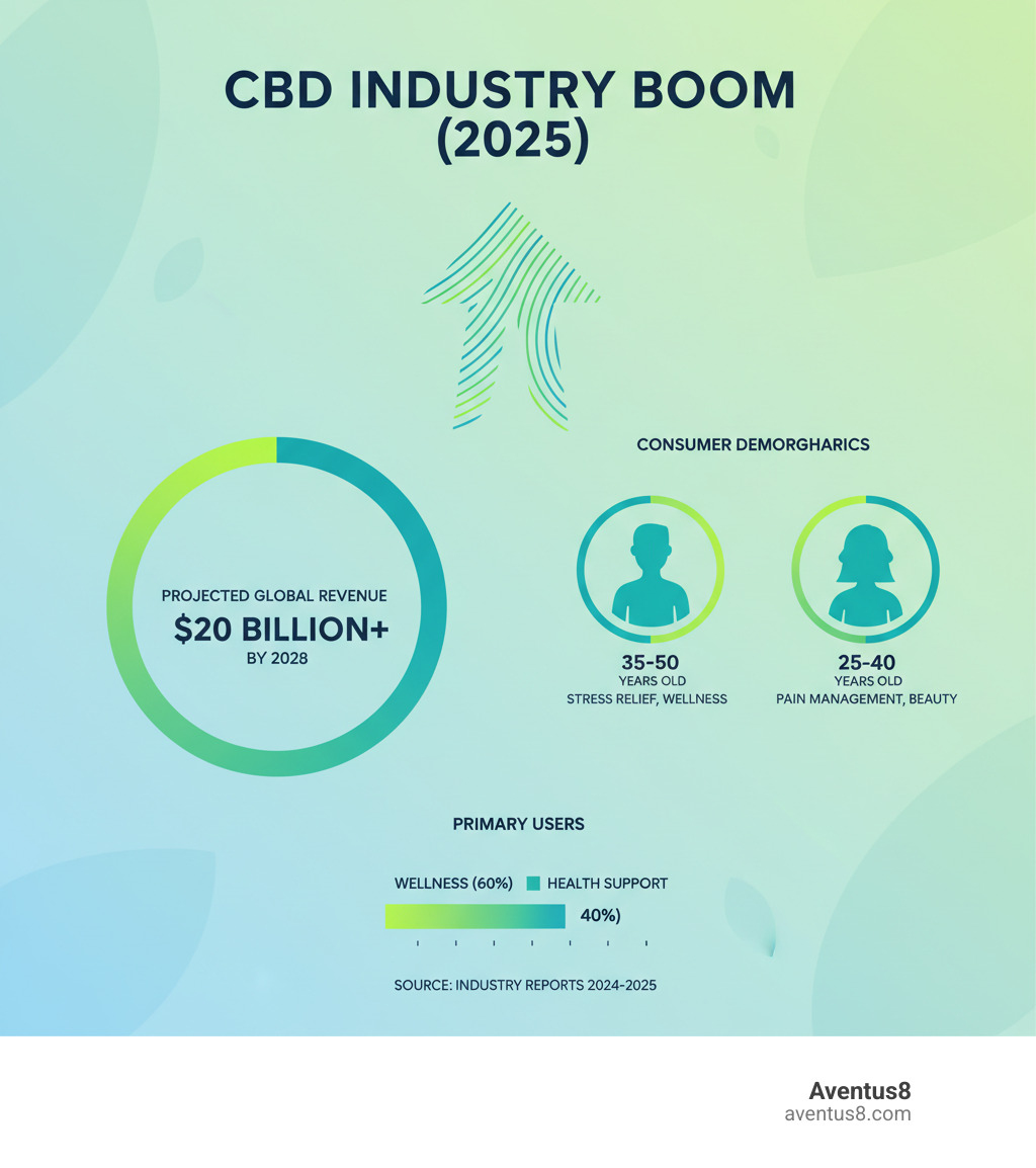 Infographic detailing the rapid growth and market size of the CBD industry, including projected annual revenue and consumer demographics - cbd vending machine infographic 
