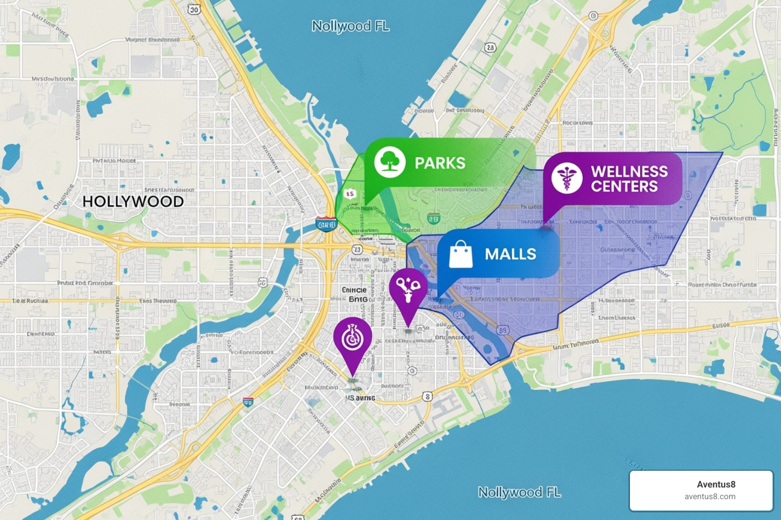 A map of Hollywood, FL with potential vending machine hotspots highlighted, showing parks, malls, and wellness centers - cbd vending machine