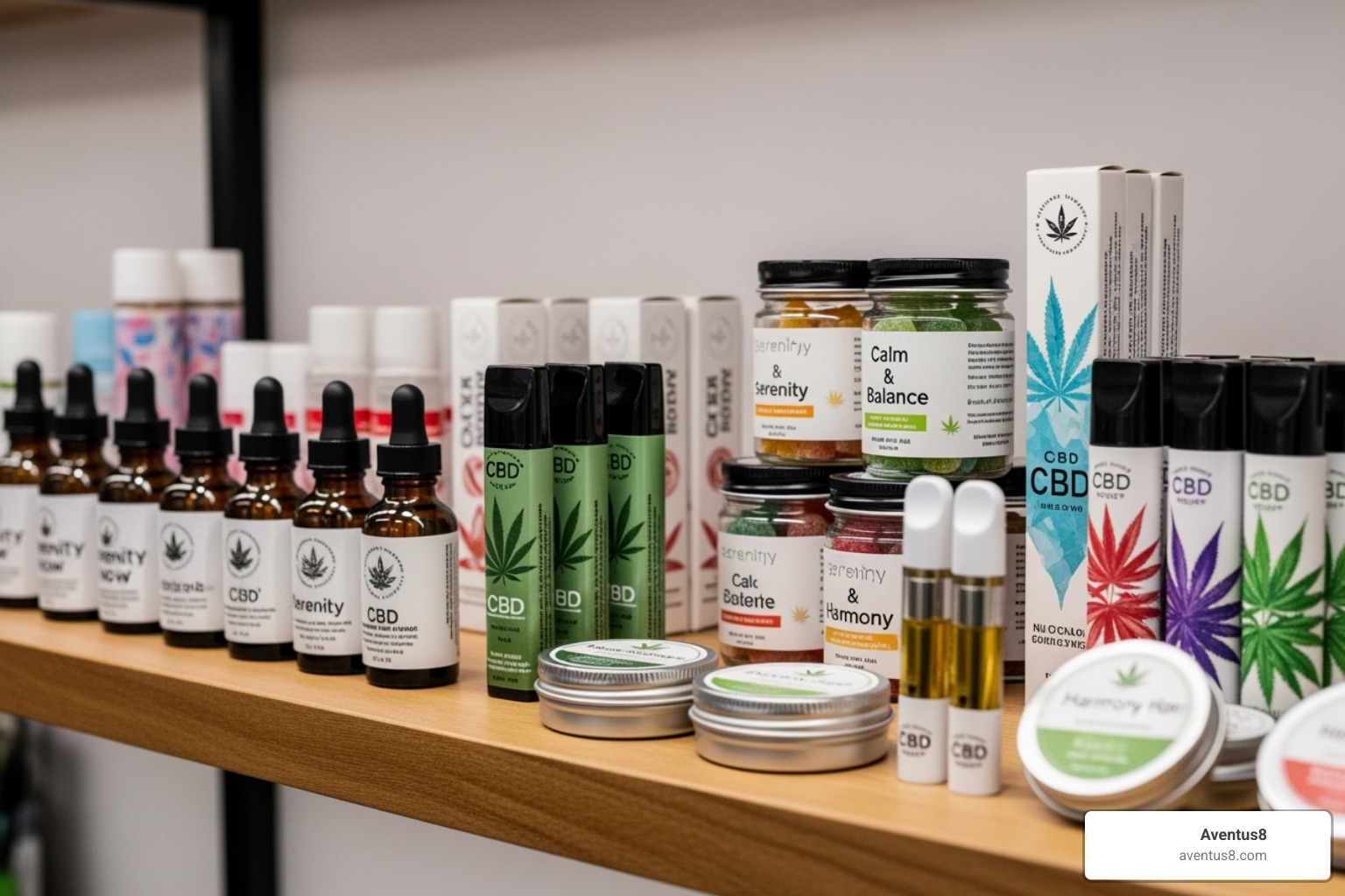 A variety of CBD products, including oils, gummies, and vape cartridges, neatly arranged on a shelf - cbd vending machine