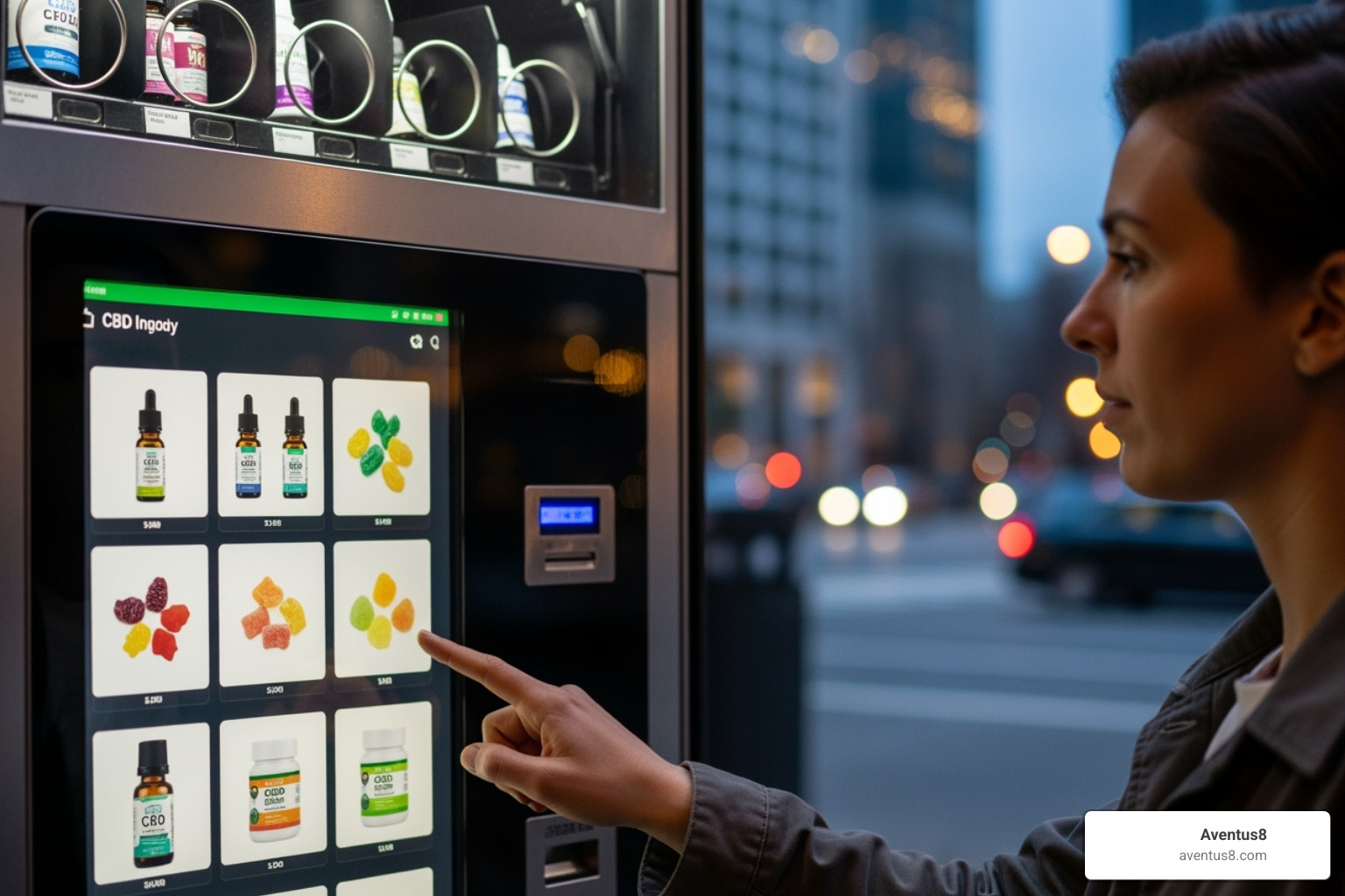 A customer using a touchscreen on a CBD vending machine, with product images visible - cbd vending machine