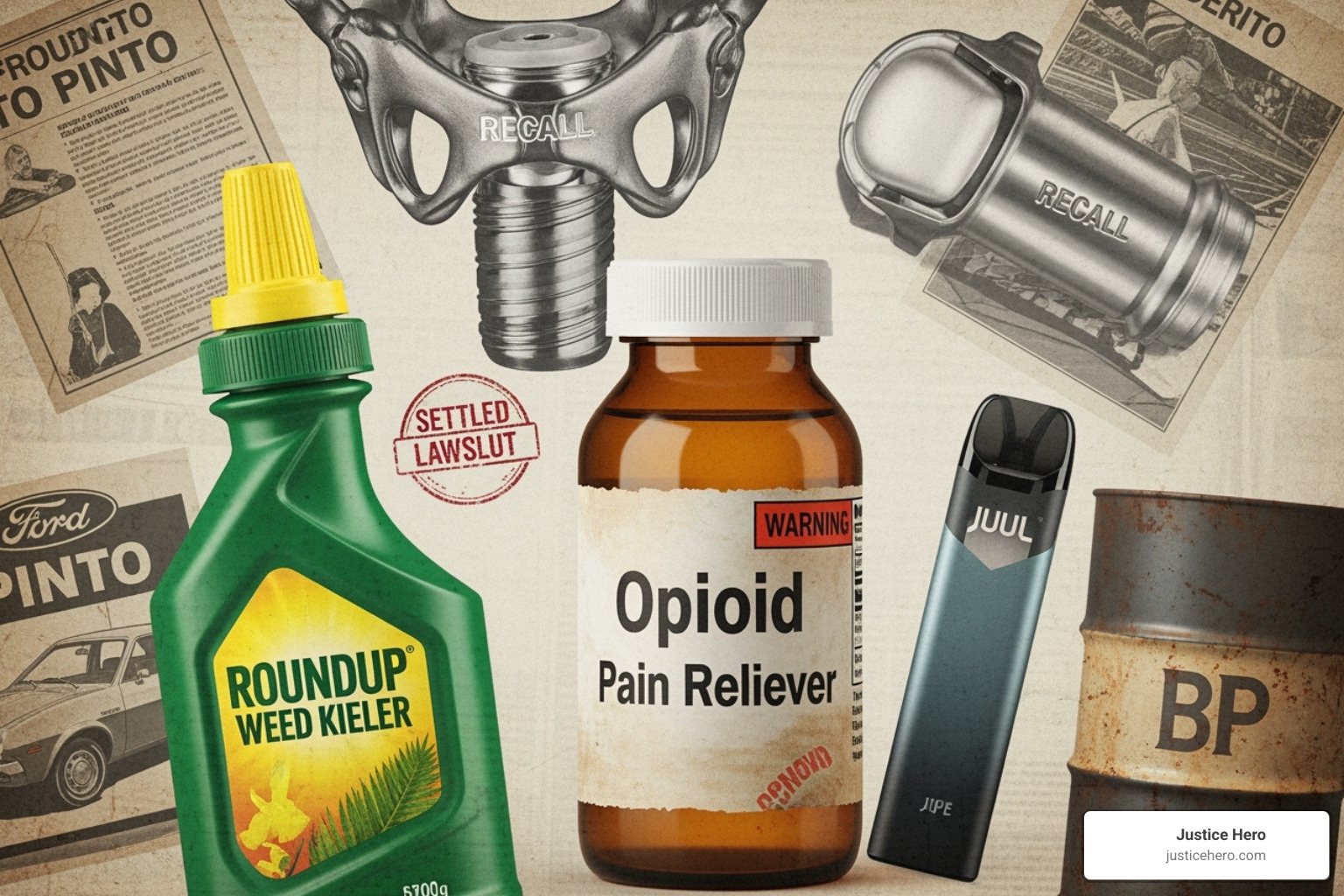 Image of a collage of products that have been subject to lawsuits (e.g., medicine bottle, weed killer, medical device) - Product liability guide