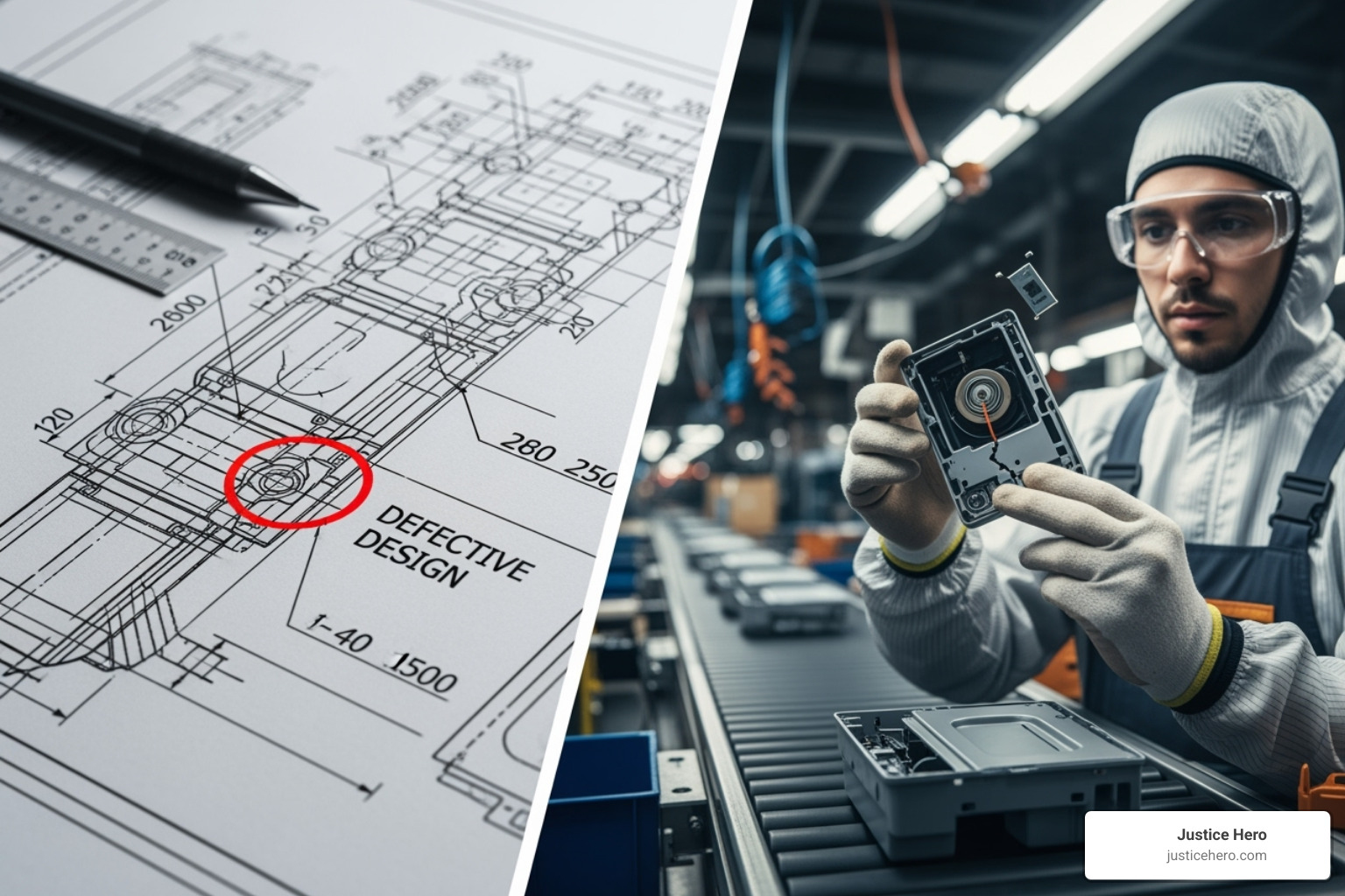 Image illustrating the difference between a design defect on a blueprint and a manufacturing defect on an assembly line - Product liability guide