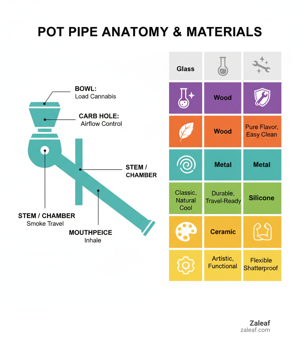 Detailed infographic showing pot pipe anatomy with labeled parts: bowl for loading cannabis, carb hole for airflow control, stem or chamber for smoke travel, and mouthpiece for inhaling, along with material comparison chart showing glass, wood, metal, ceramic and silicone properties - pot pipe infographic 