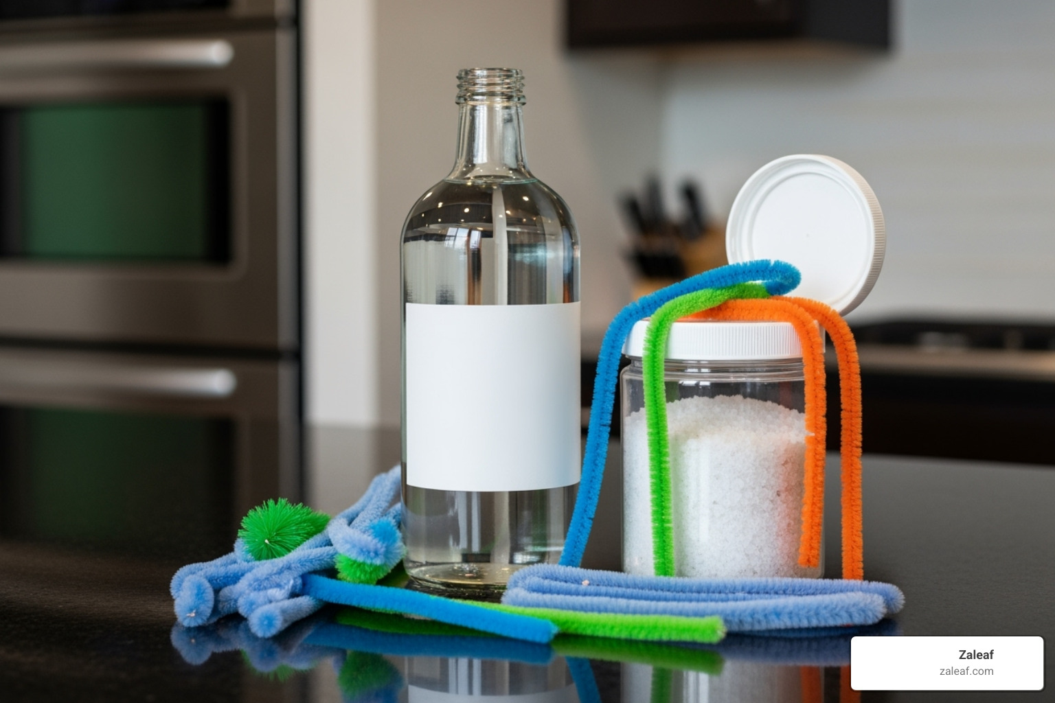 Pipe cleaning supplies including isopropyl alcohol, coarse salt, and various pipe cleaners on a countertop - pot pipe